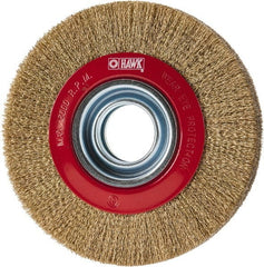 Value Collection - 6" OD, 1-1/4" Arbor Hole, Crimped Brass-Coated Steel Wheel Brush - 1" Face Width, 1-1/8" Trim Length, 0.007" Filament Diam, 6,000 RPM - Exact Tooling