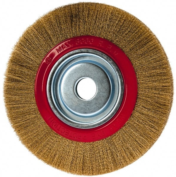 Value Collection - 10" OD, 1-1/4" Arbor Hole, Crimped Brass-Coated Steel Wheel Brush - 1" Face Width, 1-15/32" Trim Length, 0.007" Filament Diam, 3,000 RPM - Exact Tooling