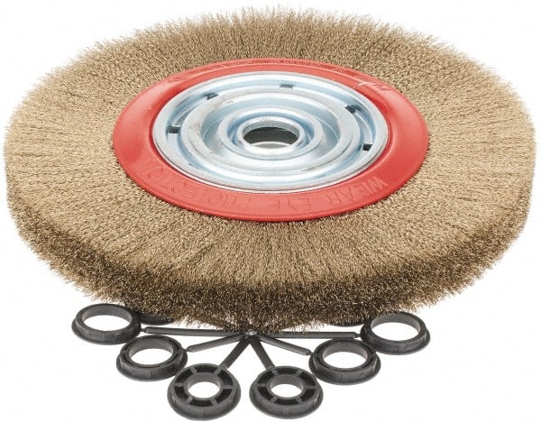 Value Collection - 12" OD, 1-1/4" Arbor Hole, Crimped Brass-Coated Steel Wheel Brush - 1-3/16" Face Width, 2-3/8" Trim Length, 0.007" Filament Diam, 3,000 RPM - Exact Tooling