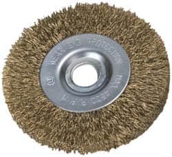Value Collection - 2" OD, 3/8" Arbor Hole, Crimped Brass-Coated Steel Wheel Brush - 9/32" Face Width, 3/8" Trim Length, 0.007" Filament Diam, 4,500 RPM - Exact Tooling