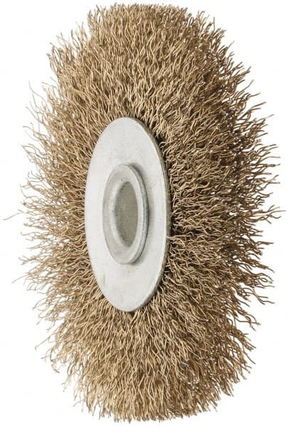 Value Collection - 2-1/2" OD, 3/8" Arbor Hole, Crimped Brass-Coated Steel Wheel Brush - 3/8" Face Width, 1/2" Trim Length, 0.007" Filament Diam, 4,500 RPM - Exact Tooling