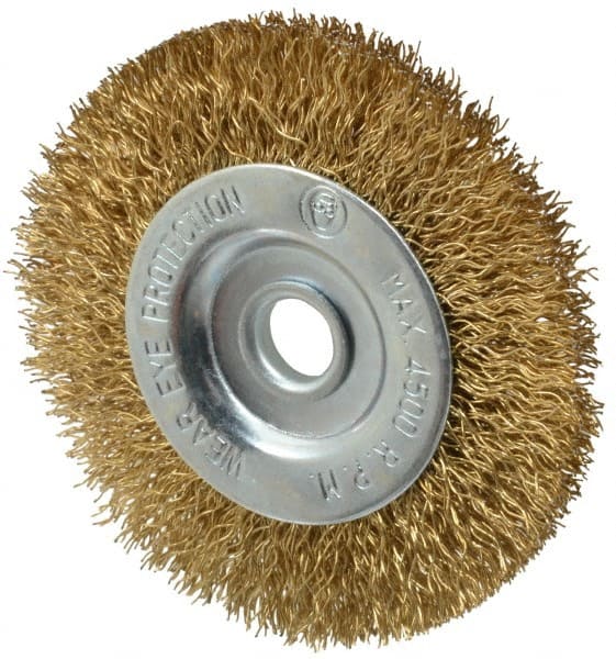 Value Collection - 3" OD, 3/8" Arbor Hole, Crimped Brass-Coated Steel Wheel Brush - 3/8" Face Width, 5/8" Trim Length, 0.012" Filament Diam, 4,500 RPM - Exact Tooling