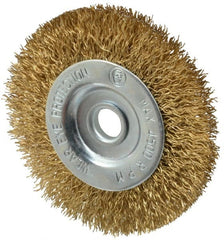 Value Collection - 3" OD, 3/8" Arbor Hole, Crimped Brass-Coated Steel Wheel Brush - 3/8" Face Width, 5/8" Trim Length, 0.012" Filament Diam, 4,500 RPM - Exact Tooling
