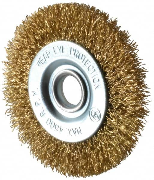 Value Collection - 3" OD, 1/2" Arbor Hole, Crimped Brass-Coated Steel Wheel Brush - 3/8" Face Width, 5/8" Trim Length, 0.012" Filament Diam, 4,500 RPM - Exact Tooling