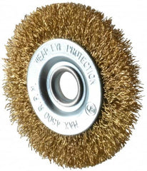 Value Collection - 3" OD, 1/2" Arbor Hole, Crimped Brass-Coated Steel Wheel Brush - 3/8" Face Width, 5/8" Trim Length, 0.012" Filament Diam, 4,500 RPM - Exact Tooling