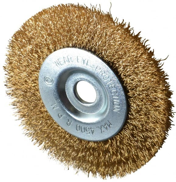 Value Collection - 4" OD, 1/2" Arbor Hole, Crimped Brass-Coated Steel Wheel Brush - 1/2" Face Width, 7/8" Trim Length, 0.012" Filament Diam, 4,500 RPM - Exact Tooling