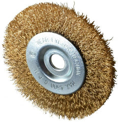 Value Collection - 4" OD, 1/2" Arbor Hole, Crimped Brass-Coated Steel Wheel Brush - 1/2" Face Width, 7/8" Trim Length, 0.012" Filament Diam, 4,500 RPM - Exact Tooling