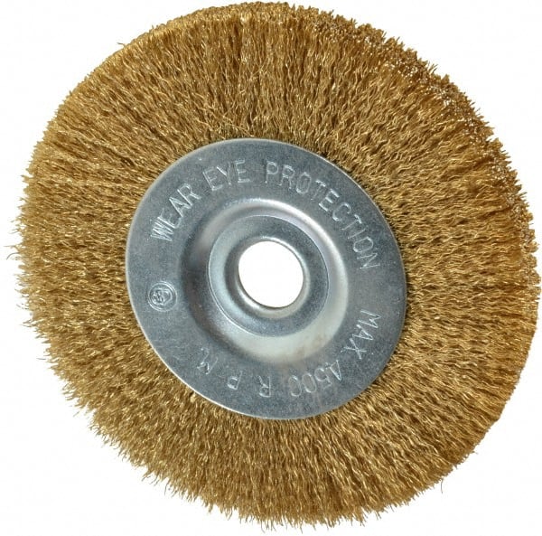 Value Collection - 4" OD, 1/2" Arbor Hole, Crimped Brass-Coated Steel Wheel Brush - 1/2" Face Width, 7/8" Trim Length, 0.007" Filament Diam, 4,500 RPM - Exact Tooling