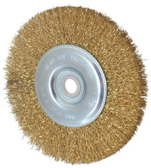Value Collection - 5" OD, 5/8" Arbor Hole, Crimped Brass-Coated Steel Wheel Brush - 1/2" Face Width, 3/4" Trim Length, 0.012" Filament Diam, 3,750 RPM - Exact Tooling