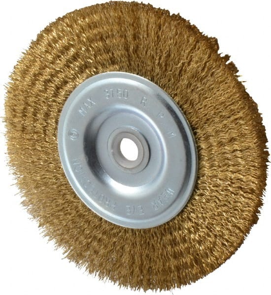 Value Collection - 6" OD, 5/8" Arbor Hole, Crimped Brass-Coated Steel Wheel Brush - 1/2" Face Width, 1-3/8" Trim Length, 0.012" Filament Diam, 3,750 RPM - Exact Tooling