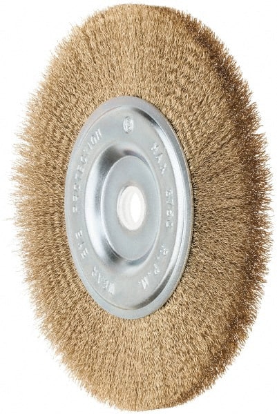 Value Collection - 6" OD, 5/8" Arbor Hole, Crimped Brass-Coated Steel Wheel Brush - 1/2" Face Width, 1-3/8" Trim Length, 0.012" Filament Diam, 3,750 RPM - Exact Tooling