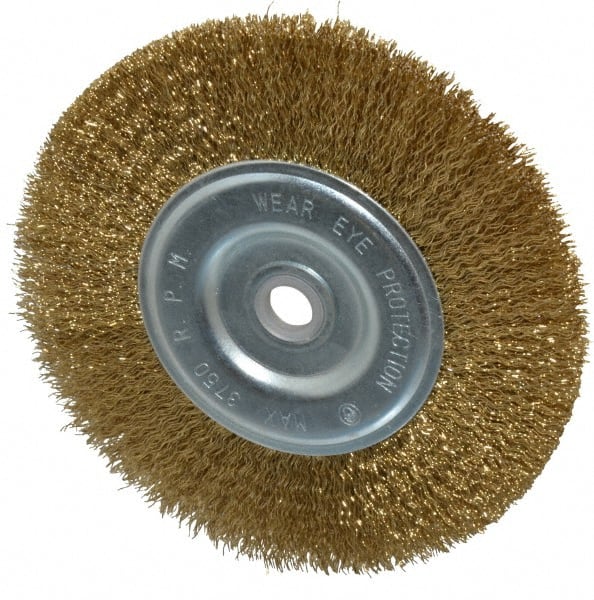 Value Collection - 6" OD, 5/8" Arbor Hole, Crimped Brass-Coated Steel Wheel Brush - 11/16" Face Width, 1-3/8" Trim Length, 0.012" Filament Diam, 6,000 RPM - Exact Tooling