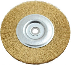 Value Collection - 6" OD, 5/8" Arbor Hole, Crimped Brass-Coated Steel Wheel Brush - 11/16" Face Width, 1-3/8" Trim Length, 0.012" Filament Diam, 3,750 RPM - Exact Tooling