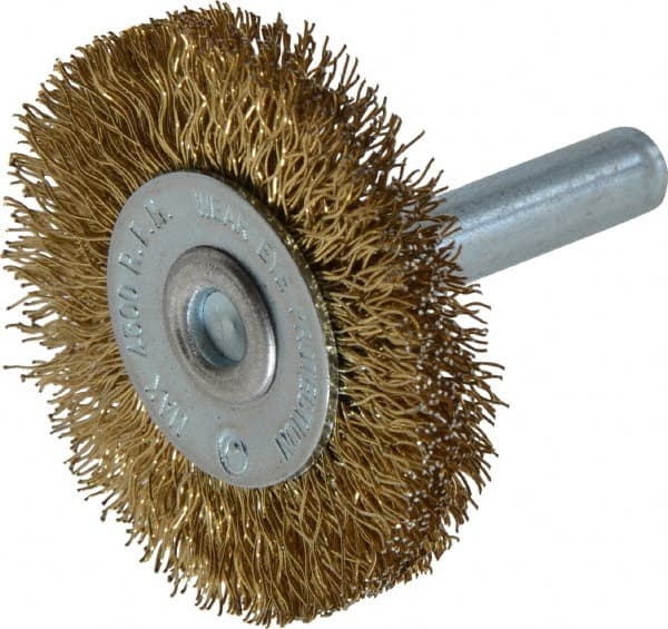 Value Collection - 1-5/8" OD, 1/4" Shank Diam, Crimped Brass-Coated Steel Wheel Brush - 3/16" Face Width, 3/8" Trim Length, 0.015" Filament Diam, 4,500 RPM - Exact Tooling