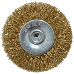Value Collection - 2" OD, 1/4" Shank Diam, Crimped Brass-Coated Steel Wheel Brush - 9/32" Face Width, 3/8" Trim Length, 0.015" Filament Diam, 4,500 RPM - Exact Tooling