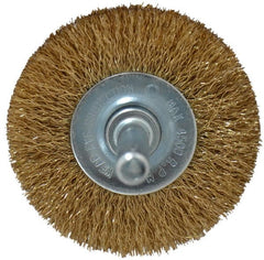 Value Collection - 2" OD, 1/4" Shank Diam, Crimped Brass-Coated Steel Wheel Brush - 9/32" Face Width, 3/8" Trim Length, 0.008" Filament Diam, 4,500 RPM - Exact Tooling