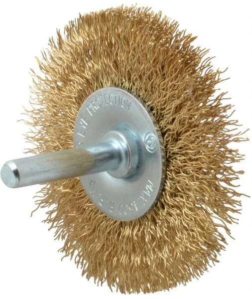 Value Collection - 2-1/2" OD, 1/4" Shank Diam, Crimped Brass-Coated Steel Wheel Brush - 11/32" Face Width, 1/2" Trim Length, 0.015" Filament Diam, 4,500 RPM - Exact Tooling
