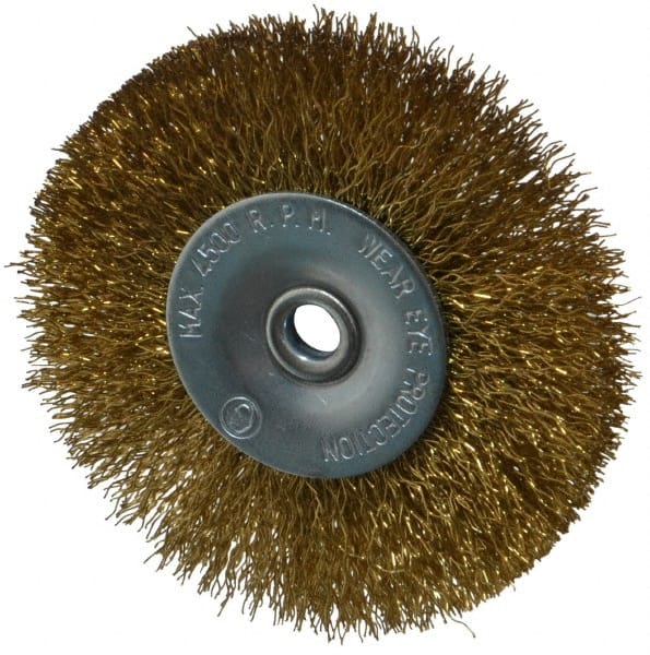 Value Collection - 2-1/2" OD, 1/4" Shank Diam, Crimped Brass-Coated Steel Wheel Brush - 11/32" Face Width, 1/2" Trim Length, 0.008" Filament Diam, 4,500 RPM - Exact Tooling