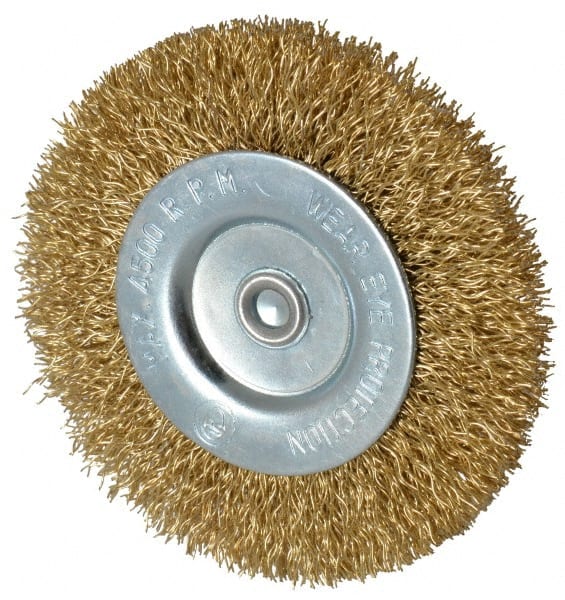 Value Collection - 3" OD, 1/4" Shank Diam, Crimped Brass-Coated Steel Wheel Brush - 3/8" Face Width, 5/8" Trim Length, 0.015" Filament Diam, 4,500 RPM - Exact Tooling