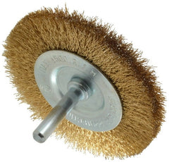 Value Collection - 3" OD, 1/4" Shank Diam, Crimped Brass-Coated Steel Wheel Brush - 3/8" Face Width, 5/8" Trim Length, 0.008" Filament Diam, 4,500 RPM - Exact Tooling