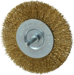 Value Collection - 4" OD, 1/4" Shank Diam, Crimped Brass-Coated Steel Wheel Brush - 15/32" Face Width, 7/8" Trim Length, 0.015" Filament Diam, 4,500 RPM - Exact Tooling