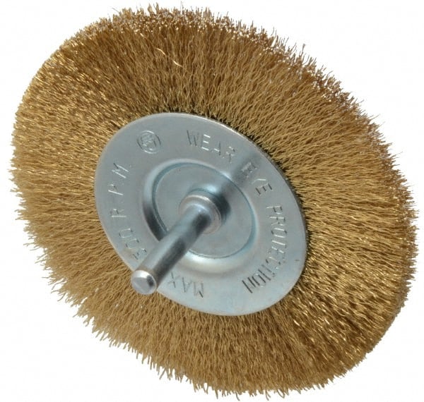 Value Collection - 4" OD, 1/4" Shank Diam, Crimped Brass-Coated Steel Wheel Brush - 15/32" Face Width, 7/8" Trim Length, 0.008" Filament Diam, 4,500 RPM - Exact Tooling