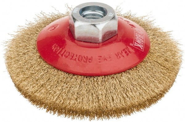 Value Collection - 4" OD, M14x2.00 Arbor Hole, Crimped Brass-Coated Steel Wheel Brush - 3/8" Face Width, 0.008" Filament Diam, 12,500 RPM - Exact Tooling