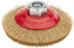 Value Collection - 4" OD, M14x2.00 Arbor Hole, Crimped Brass-Coated Steel Wheel Brush - 3/8" Face Width, 0.008" Filament Diam, 12,500 RPM - Exact Tooling