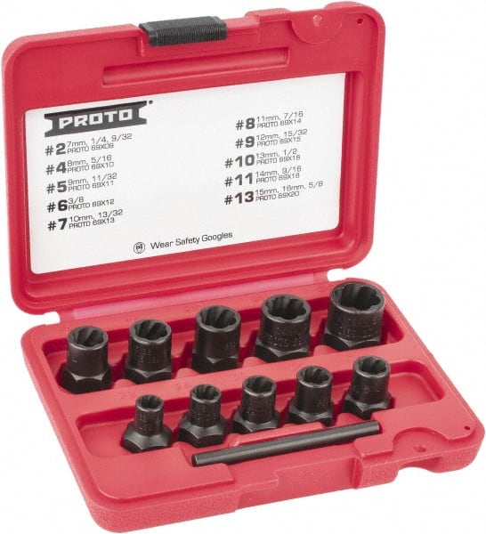 Proto - 10 Piece Socket/Wrench Bolt Extractor Set - Molded Plastic Case - Exact Tooling