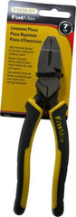 Stanley - 7-5/8" OAL, 1-1/2" Jaw Length x 1" Jaw Width, Side Cutting Linesman's Pliers - Serrated Jaw, Flat Nose Head, Bi-Material Cushion Grip Handles - Exact Tooling