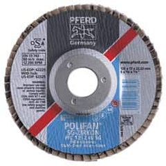 PFERD - 40 Grit, 4-1/2" Disc Diam, 5/8-11 Center Hole, Type 27 Zirconia Alumina Flap Disc - 13,300 Max RPM, Fiberglass Backing, Arbor Attaching System, Coated - Exact Tooling