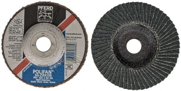 PFERD - 60 Grit, 4" Disc Diam, 5/8" Center Hole, Type 27 Zirconia Alumina Flap Disc - 15,300 Max RPM, Fiberglass Backing, Arbor Attaching System, Coated - Exact Tooling
