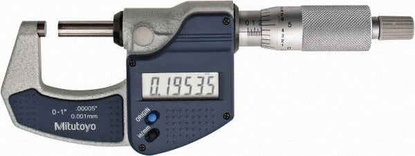 Mitutoyo - 0 to 1" Range, 0.0001" Resolution, Standard Throat, Electronic Outside Micrometer - 0.0001" Accuracy, Ratchet Stop Thimble, Carbide Face, SR44 Battery, Plastic Case, Includes NIST Traceable Certification of Inspection - Exact Tooling