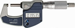 Mitutoyo - 0 to 1" Range, 0.0001" Resolution, Standard Throat, Electronic Outside Micrometer - 0.0001" Accuracy, Ratchet Stop Thimble, Carbide Face, SR44 Battery, Plastic Case, Includes NIST Traceable Certification of Inspection - Exact Tooling