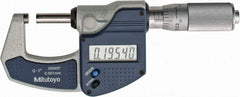 Mitutoyo - 0 to 1" Range, 0.0001" Resolution, Standard Throat, Electronic Outside Micrometer - 0.0001" Accuracy, Friction Thimble, Carbide Face, SR44 Battery, Plastic Case, Includes NIST Traceable Certification of Inspection - Exact Tooling