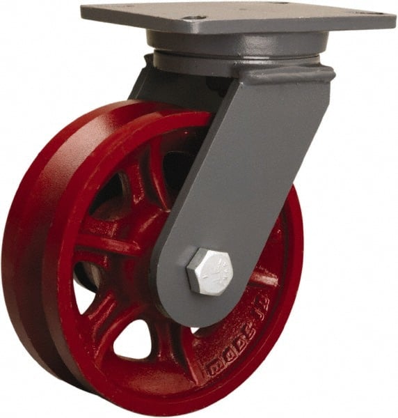 Hamilton - 8" Diam x 2-3/4" Wide, Iron Swivel Caster - 2,500 Lb Capacity, Top Plate Mount, 5-1/4" x 7-1/4" Plate, Straight Roller Bearing - Exact Tooling
