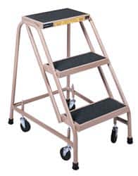 Gillis - 30" 3 Step Ladder - Rolling Steel Office Ladder, 300 Lb Capacity, 30" Platform Height, 24" Base Width x 27" Depth, Rubber Matted - Exact Tooling
