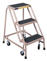 Gillis - 30" 3 Step Ladder - Rolling Steel Office Ladder, 300 Lb Capacity, 30" Platform Height, 24" Base Width x 27" Depth, Rubber Matted - Exact Tooling