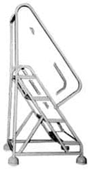Gillis - 54" 3 Step Ladder - Rolling Steel Office Ladder, 300 Lb Capacity, 30" Platform Height, 24" Base Width x 27" Depth, Rubber Matted - Exact Tooling