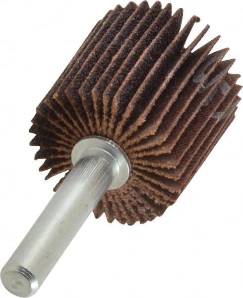 Norton - 1" Diam x 1" Face Width, Medium Aluminum Oxide Coated Mounted Flap Wheel - 1/4" Shank Mount, 80 Grit, Cloth Backing, 30,000 Max RPM - Exact Tooling