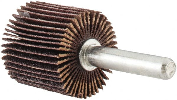 Norton - 1" Diam x 1" Face Width, Fine Aluminum Oxide Coated Mounted Flap Wheel - 1/4" Shank Mount, 120 Grit, Cloth Backing, 30,000 Max RPM - Exact Tooling