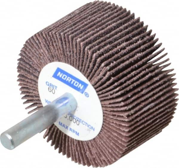 Norton - 2" Diam x 1" Face Width, Medium Aluminum Oxide Coated Mounted Flap Wheel - 1/4" Shank Mount, 60 Grit, Cloth Backing, 23,000 Max RPM - Exact Tooling