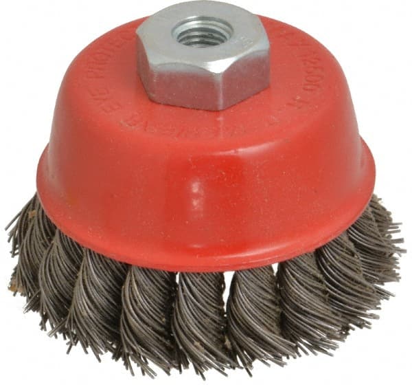 Value Collection - 2-5/8" Diam, M10x1.25 Threaded Arbor, Steel Fill Cup Brush - 0.02 Wire Diam, 12,500 Max RPM - Exact Tooling