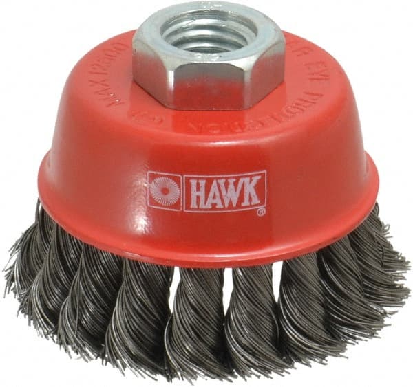 Value Collection - 2-5/8" Diam, 5/8-11 Threaded Arbor, Steel Fill Cup Brush - 0.0137 Wire Diam, 12,500 Max RPM - Exact Tooling