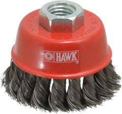 Value Collection - 2-5/8" Diam, 5/8-11 Threaded Arbor, Steel Fill Cup Brush - 0.0137 Wire Diam, 12,500 Max RPM - Exact Tooling