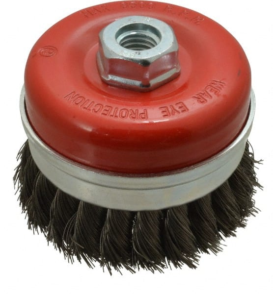 Value Collection - 3-3/16" Diam, 5/8-11 Threaded Arbor, Steel Fill Cup Brush - 0.0137 Wire Diam, 8,500 Max RPM - Exact Tooling