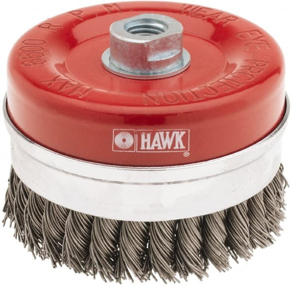 Value Collection - 4-3/8" Diam, M16x2.00 Threaded Arbor, Steel Fill Cup Brush - 0.0314 Wire Diam, 6,500 Max RPM - Exact Tooling