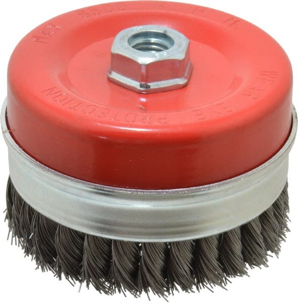 Value Collection - 4-3/8" Diam, 5/8-11 Threaded Arbor, Steel Fill Cup Brush - 0.02 Wire Diam, 6,500 Max RPM - Exact Tooling