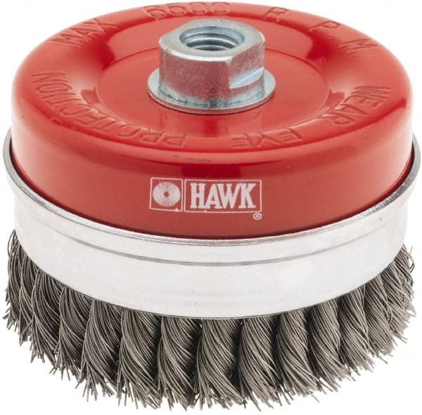 Value Collection - 4-3/8" Diam, M16x2.00 Threaded Arbor, Steel Fill Cup Brush - 0.02 Wire Diam, 6,500 Max RPM - Exact Tooling