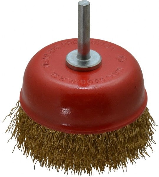 Value Collection - 3" Diam, 1/4" Shank Diam, Steel Fill Cup Brush - 0.012 Wire Diam, 6,000 Max RPM - Exact Tooling